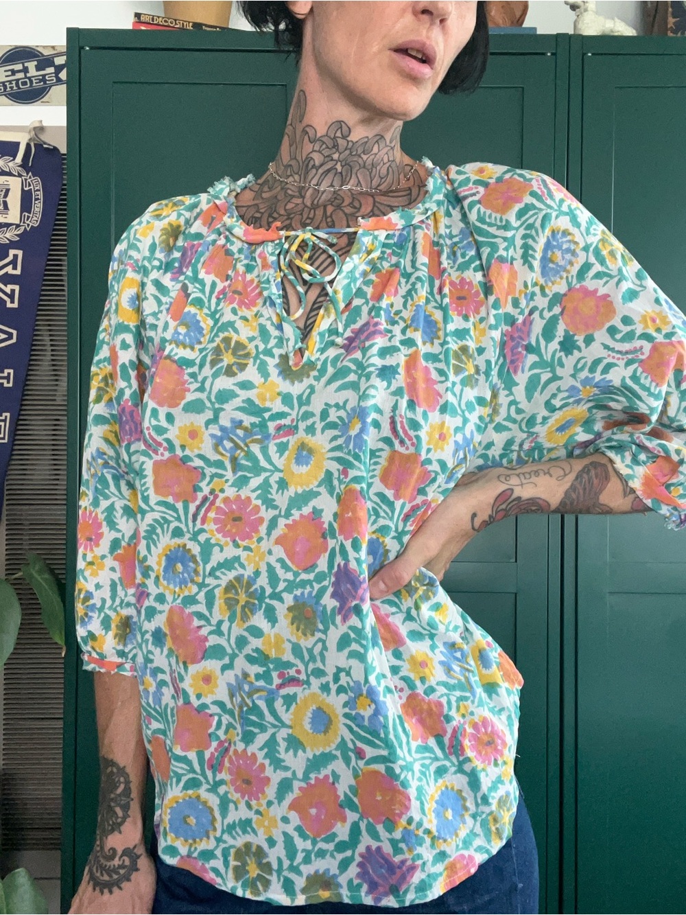Sohana 100% Cotton Floral Boho Blouse w Tie Neck Made in India Medium